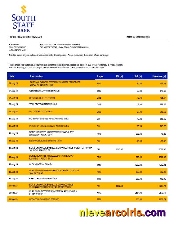 South State Bank company statement